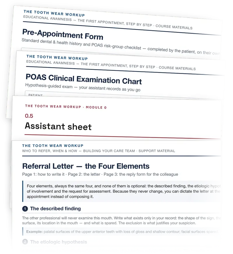 Four course documents fanned out, top section of each: the Pre-Appointment Form, the Clinical Examination Chart, the Module 0 Assistant sheet and the Referral Letter with its four elements.